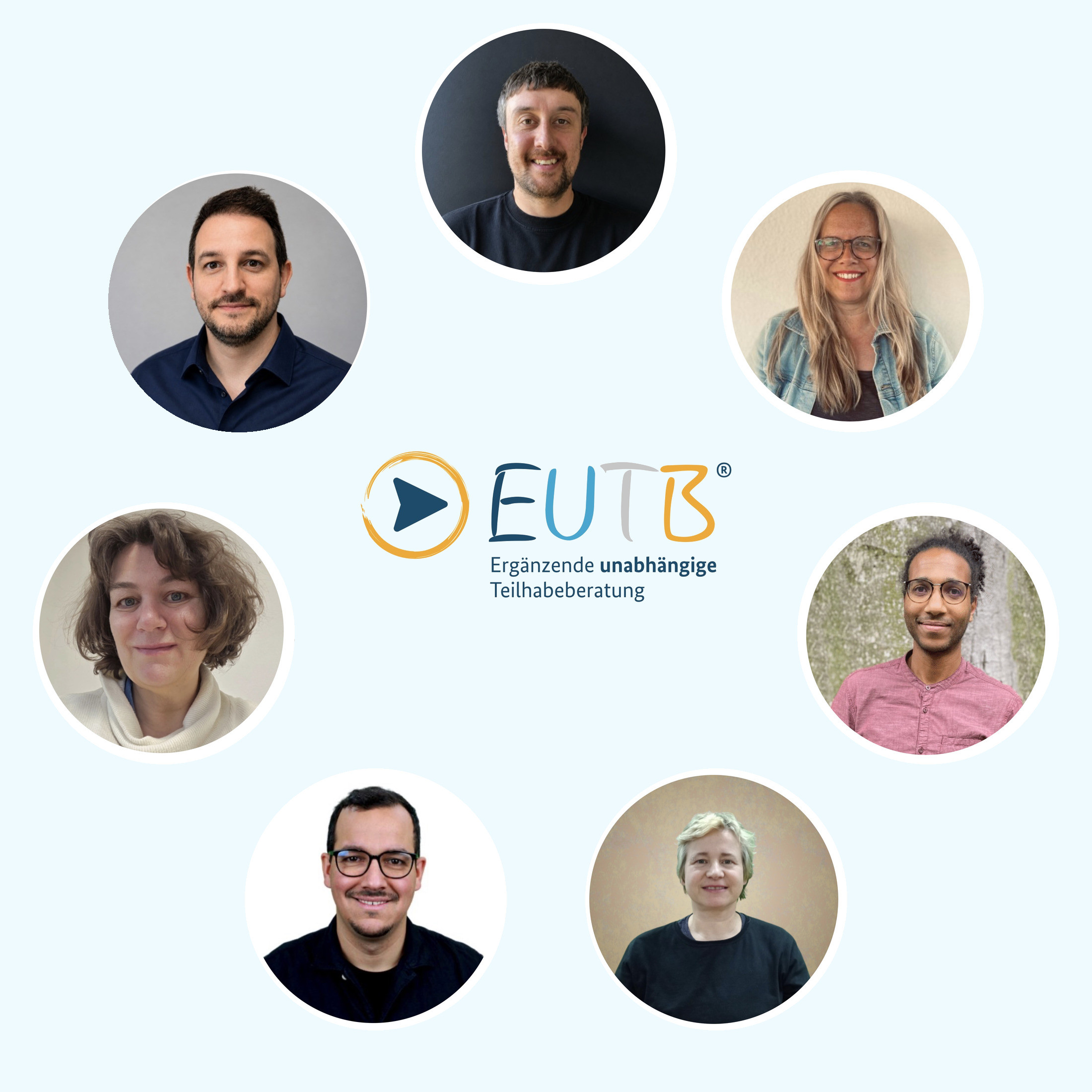 Fröhliches Teamfoto mit Tanja, Anja, Kristina, Vincent, Violetta, Benjamin und Jasmin draußen vor dem Sträucher.