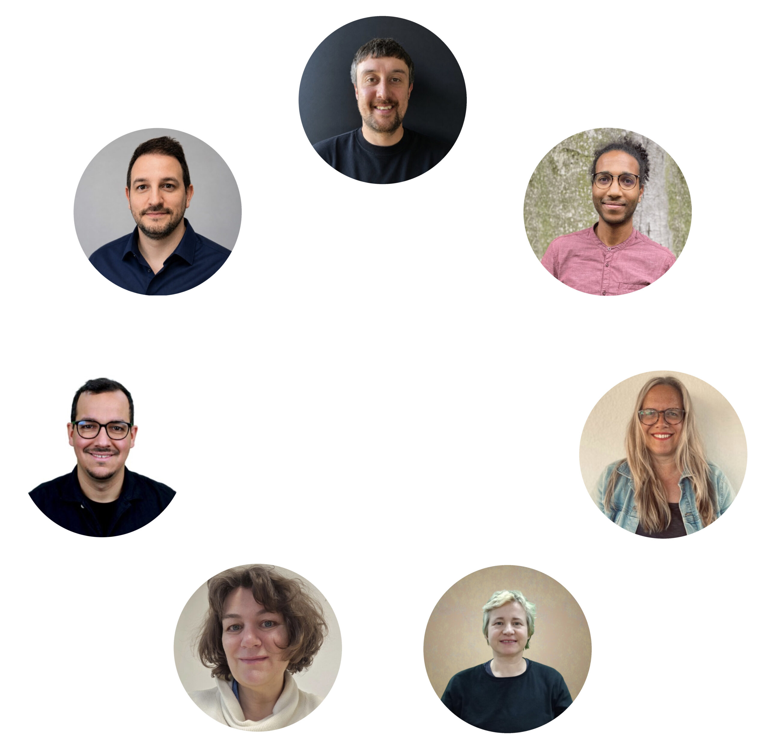 Fröhliches Teamfoto mit Tanja, Anja, Kristina, Vincent, Violetta, Benjamin und Jasmin draußen vor dem Sträucher.